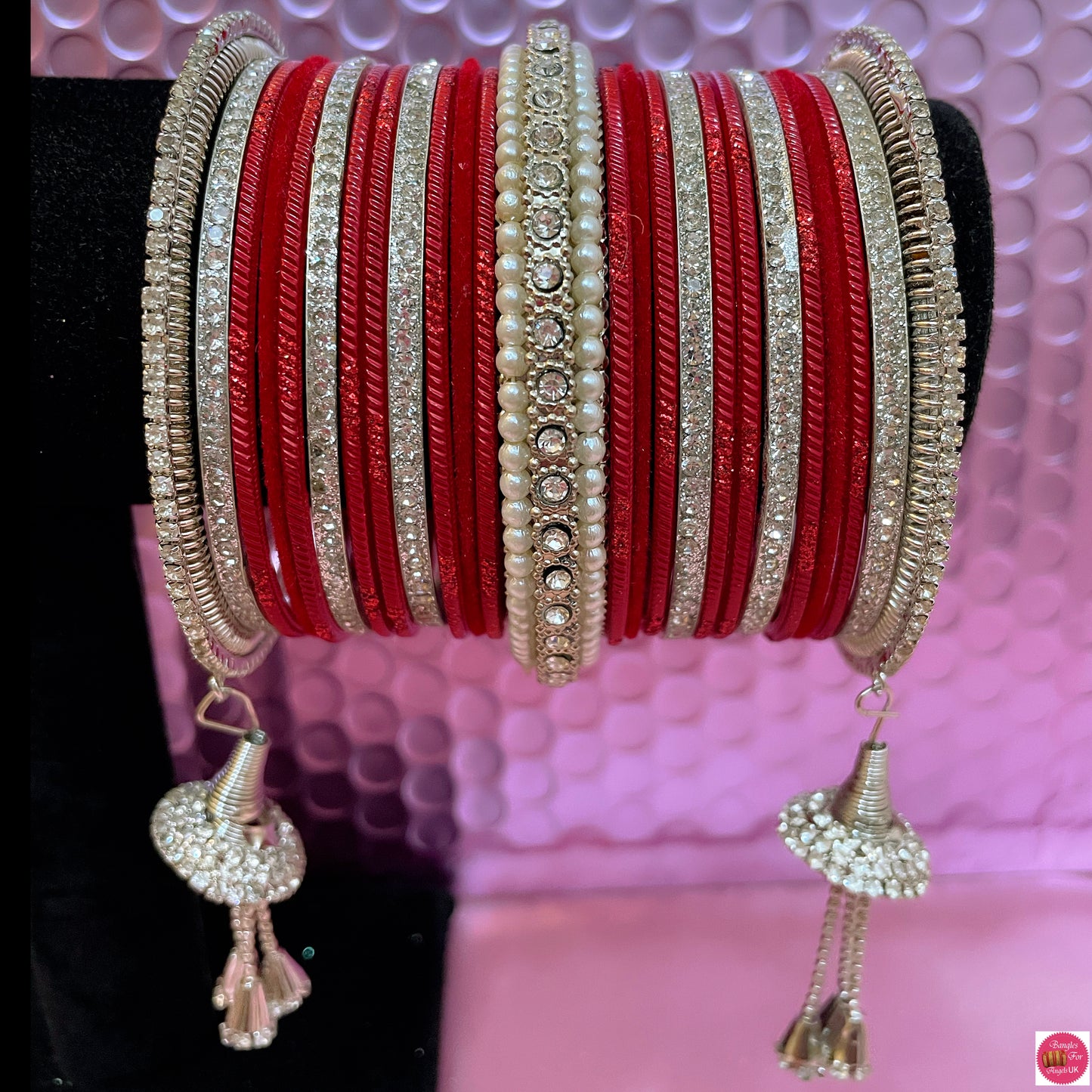 Silver Pearls Hanging Red Metal Bangles Set- Size 2.10