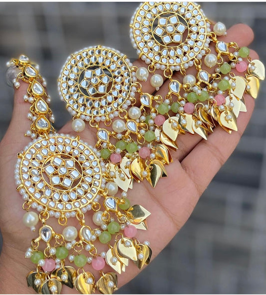 Pacchi Kundan Earings & Maang Tikka Sets- Mint Green/Pink
