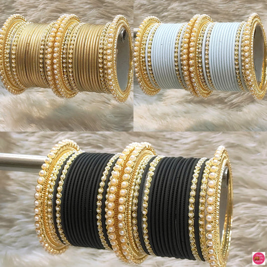 Pearl Metal Bangles Set- Various Colours