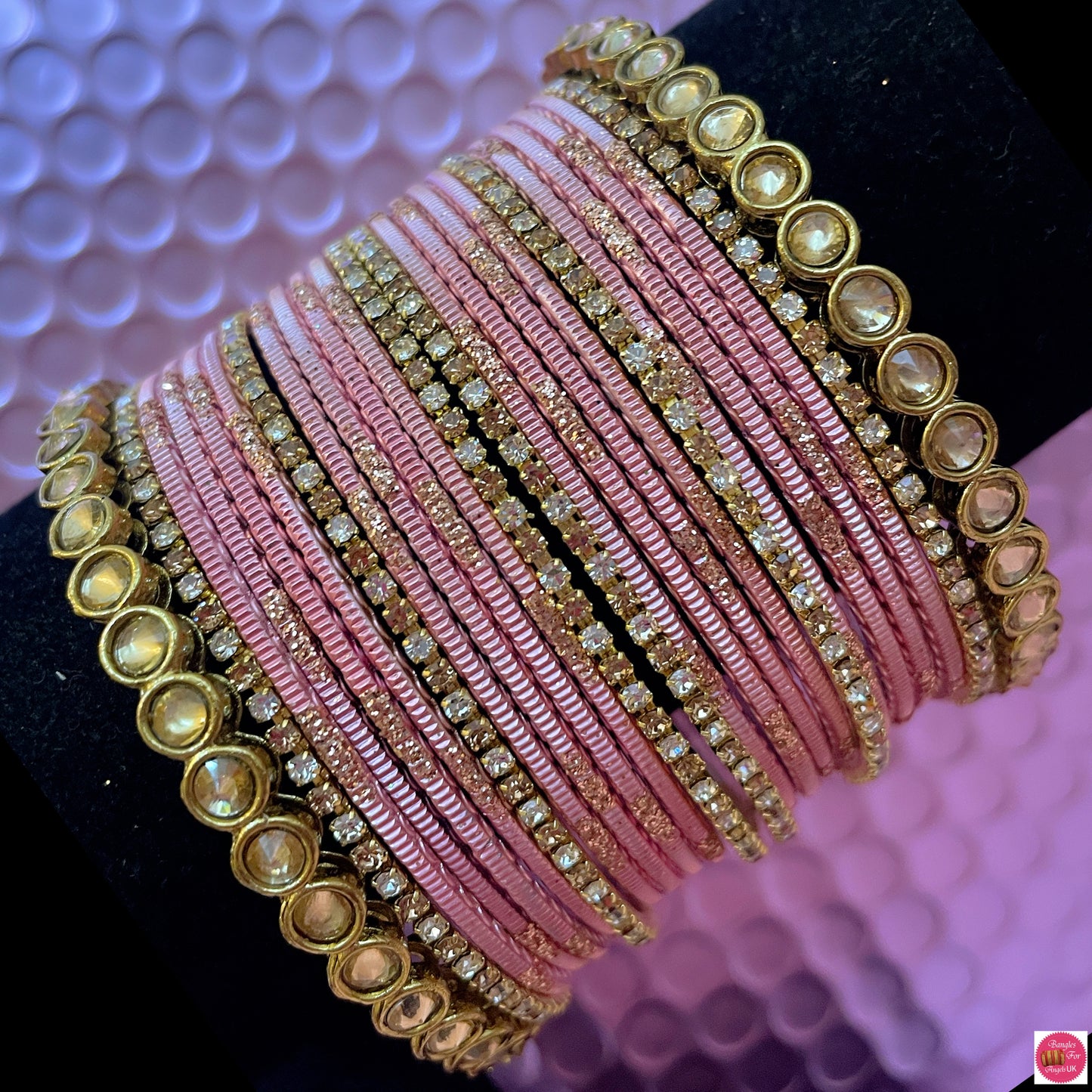 Kundan Zirconia Metal Bangles Set- Peachy Pink