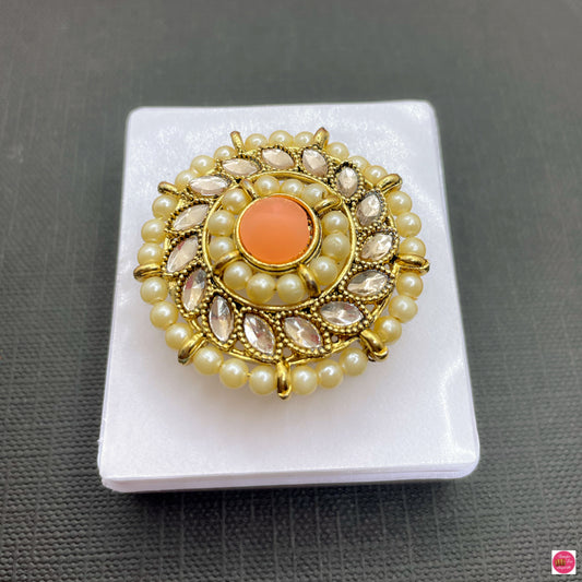 Kundan Pearl Adjustable Cocktail Ring- Peach
