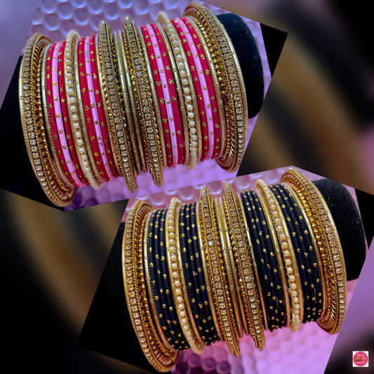 Gold Pearl Metal Bangles Sets Various Colours- Size 2.10