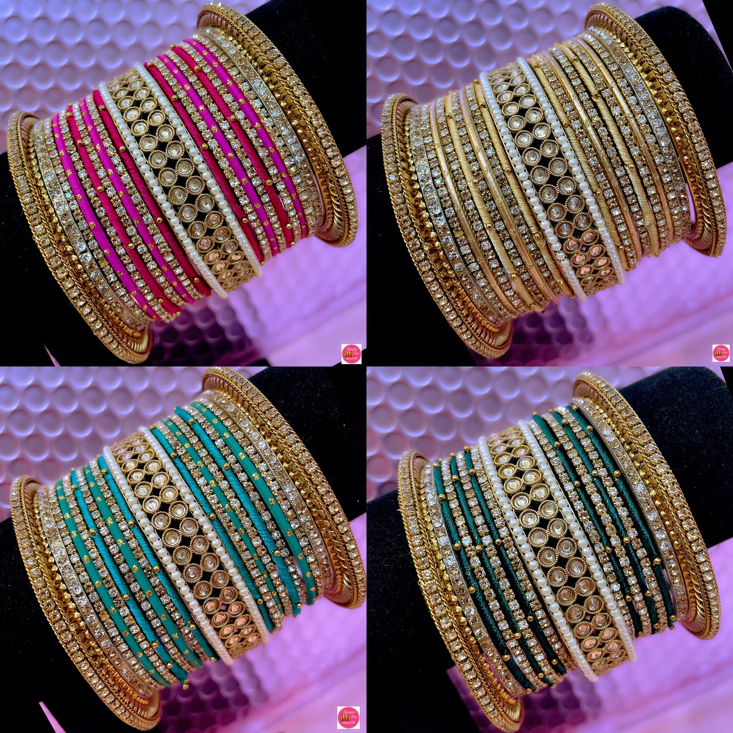 Kundan Zirconia Metal Bangles Sets Various Colours- Size 2.10