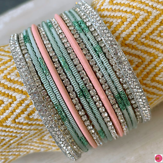 Silver Zirconia Metal Bangles Set- Mint Green/Peach