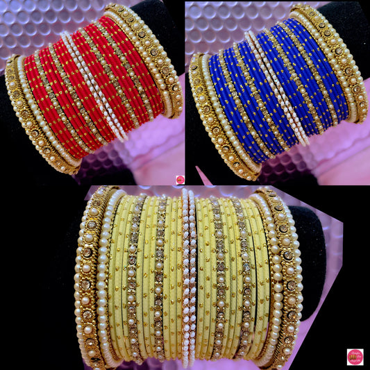 Gold Pearl Metal Bangles Sets Size 2.10- Various Colours