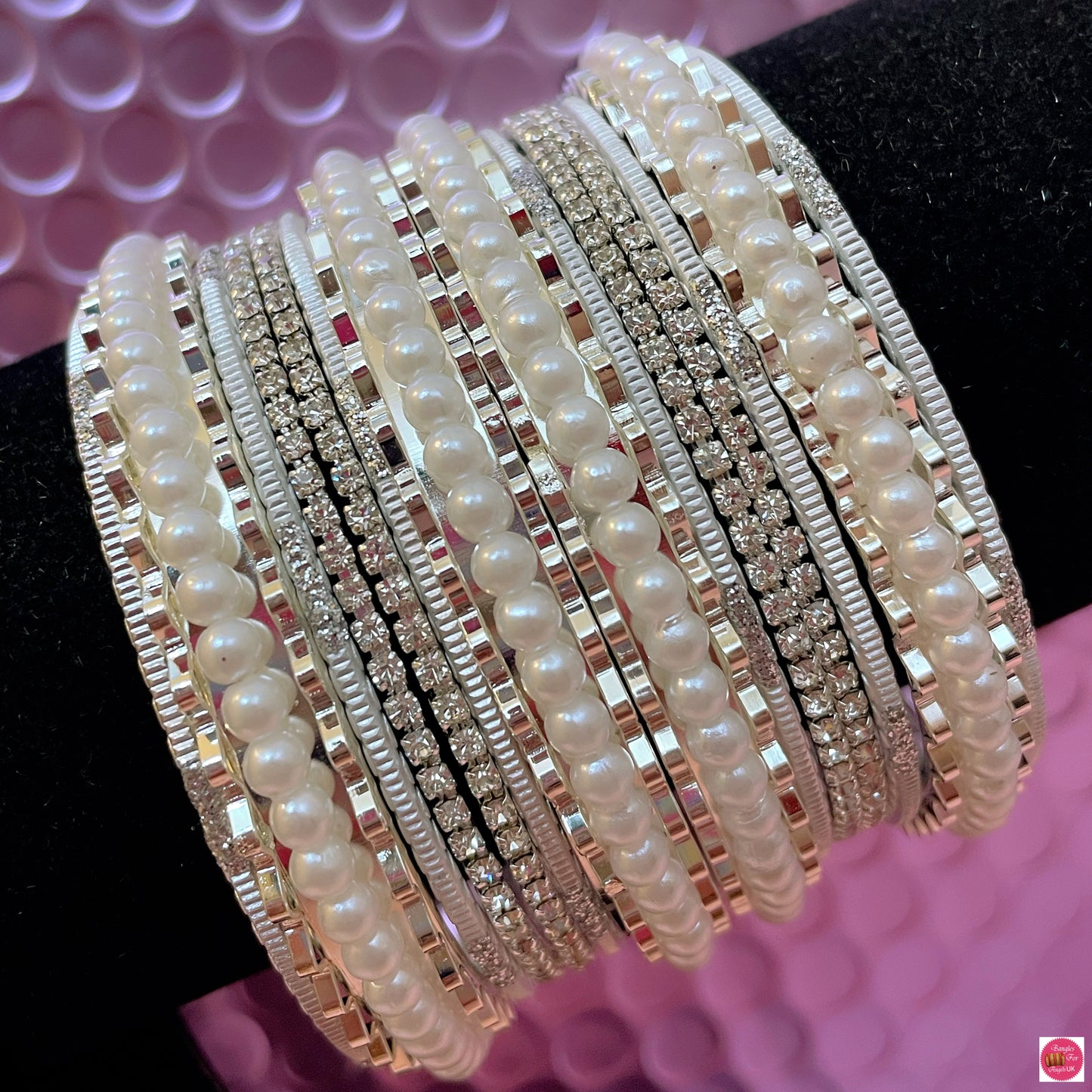 Silver White Pearl Zirconia Metal Bangles Set