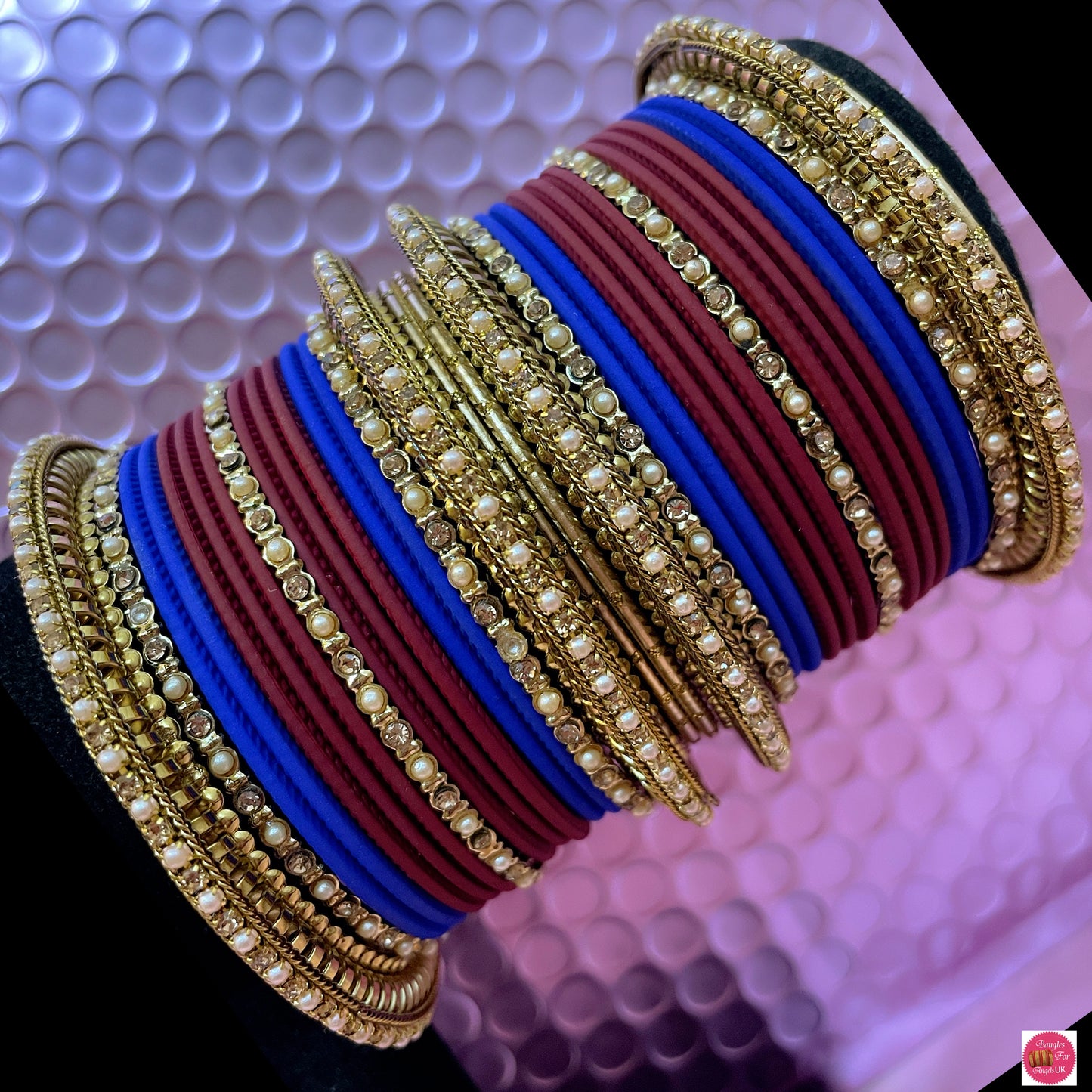 Pearl/Gold Metal Bangles Set- Maroon/Blue