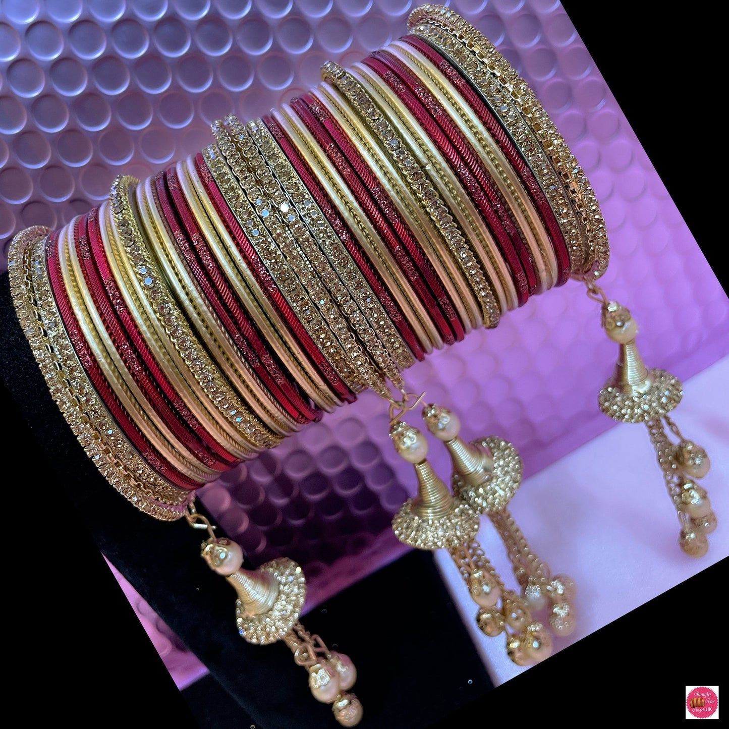 Gold Zirconia Hanging Pearl Metal Bangles Sets Various Colours- Size 2.10