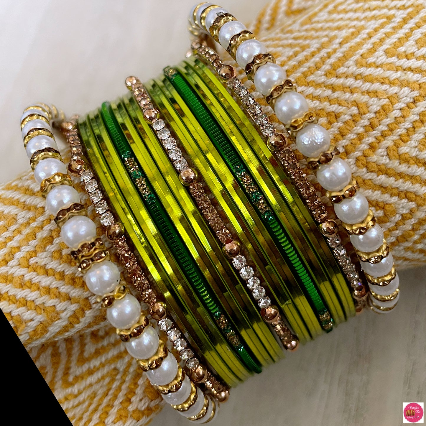 Pearl Zirconia Metal Bangles Set- Mehendi Green