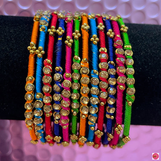 Multicoloured Thread Metal Bangles Set- Size 2.2
