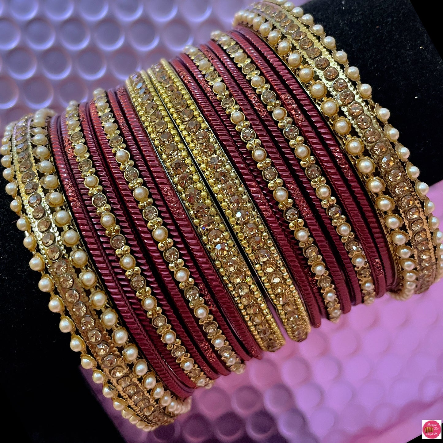 Gold Pearl Metal Bangles Set Various Colours- Size 2.10