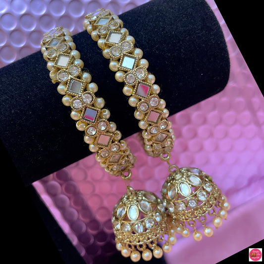 Kundan Pearl Gold Hanging Metal Karas- Size 2.8