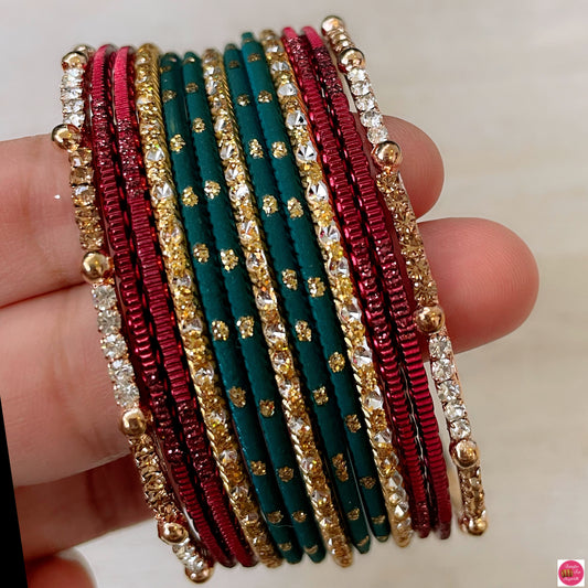 Zirconia Maroon/Teal Metal Bangles Set