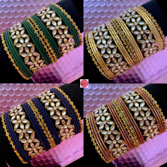 Kundan Metal Bangles Sets- Various Colours