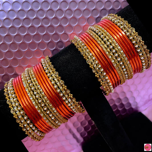 Gold Pearl Metal Bangles Set- Orange