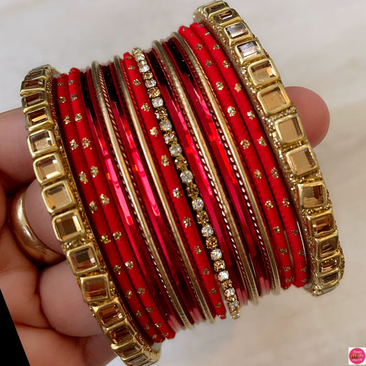 Kundan Zirconia Metal Bangles Set- Red