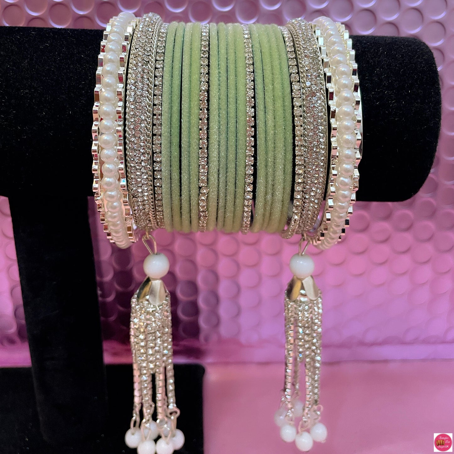 Silver White Pearl Zirconia Hanging Metal Bangles Sets- Various Colours