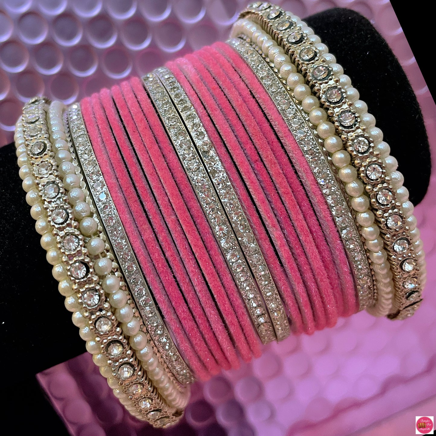 Silver Pearl Zirconia Blush Pink Metal Bangles Set- Size 2.10