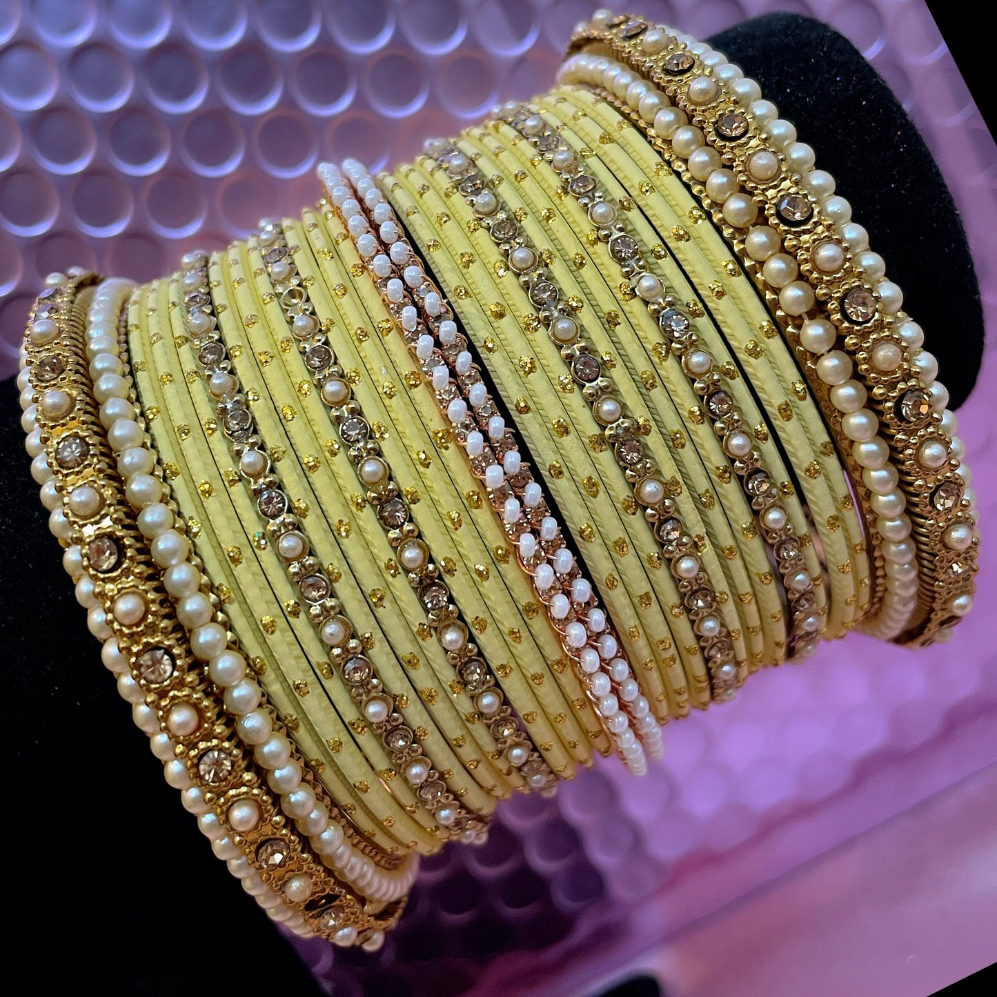 Gold Pearl Metal Bangles Sets Size 2.10- Various Colours