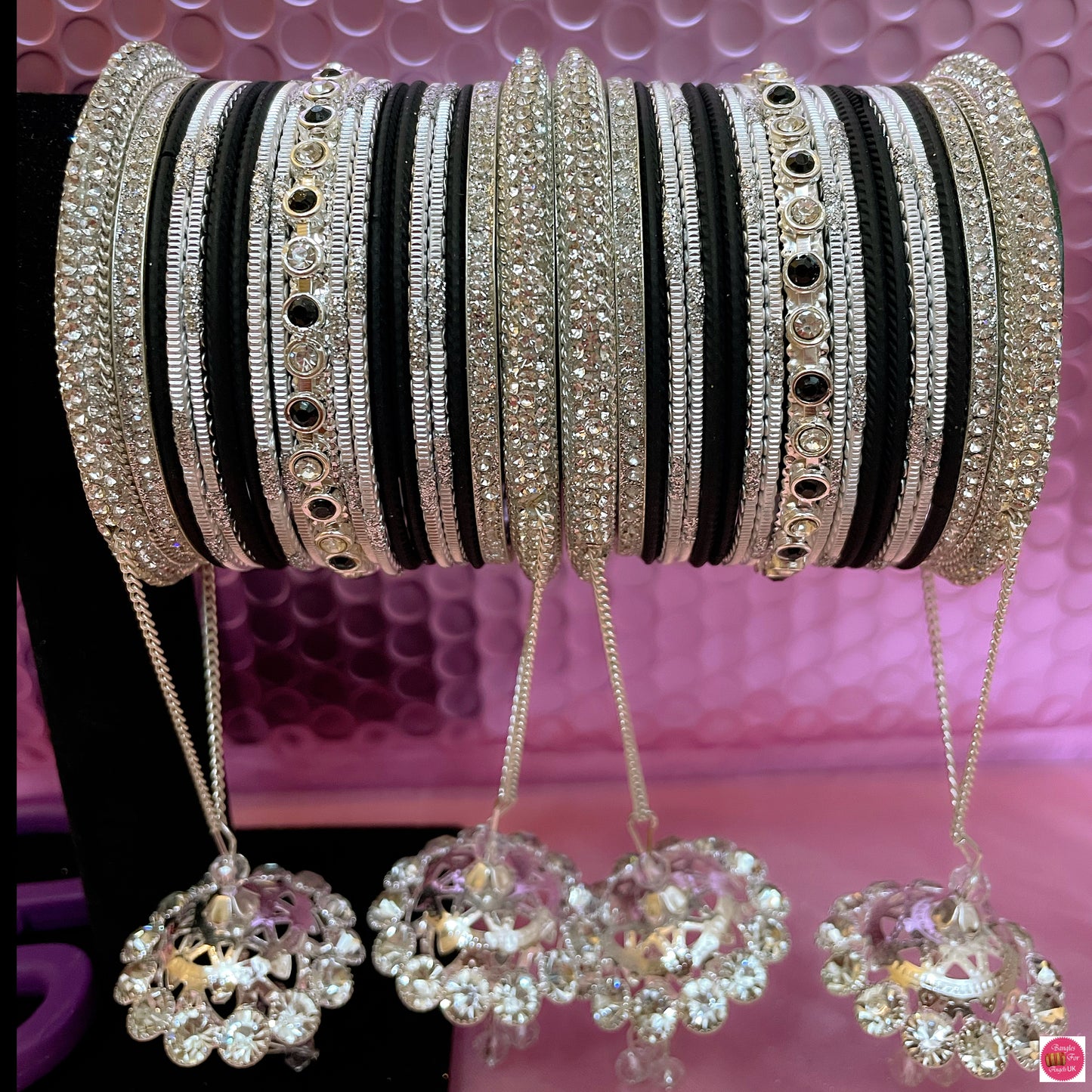 Silver & Black Zirconia Hanging Metal Bangles Set