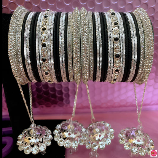 Silver & Black Zirconia Hanging Metal Bangles Set