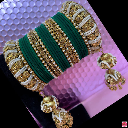 Gold Hanging Metal Bangles Set- Green