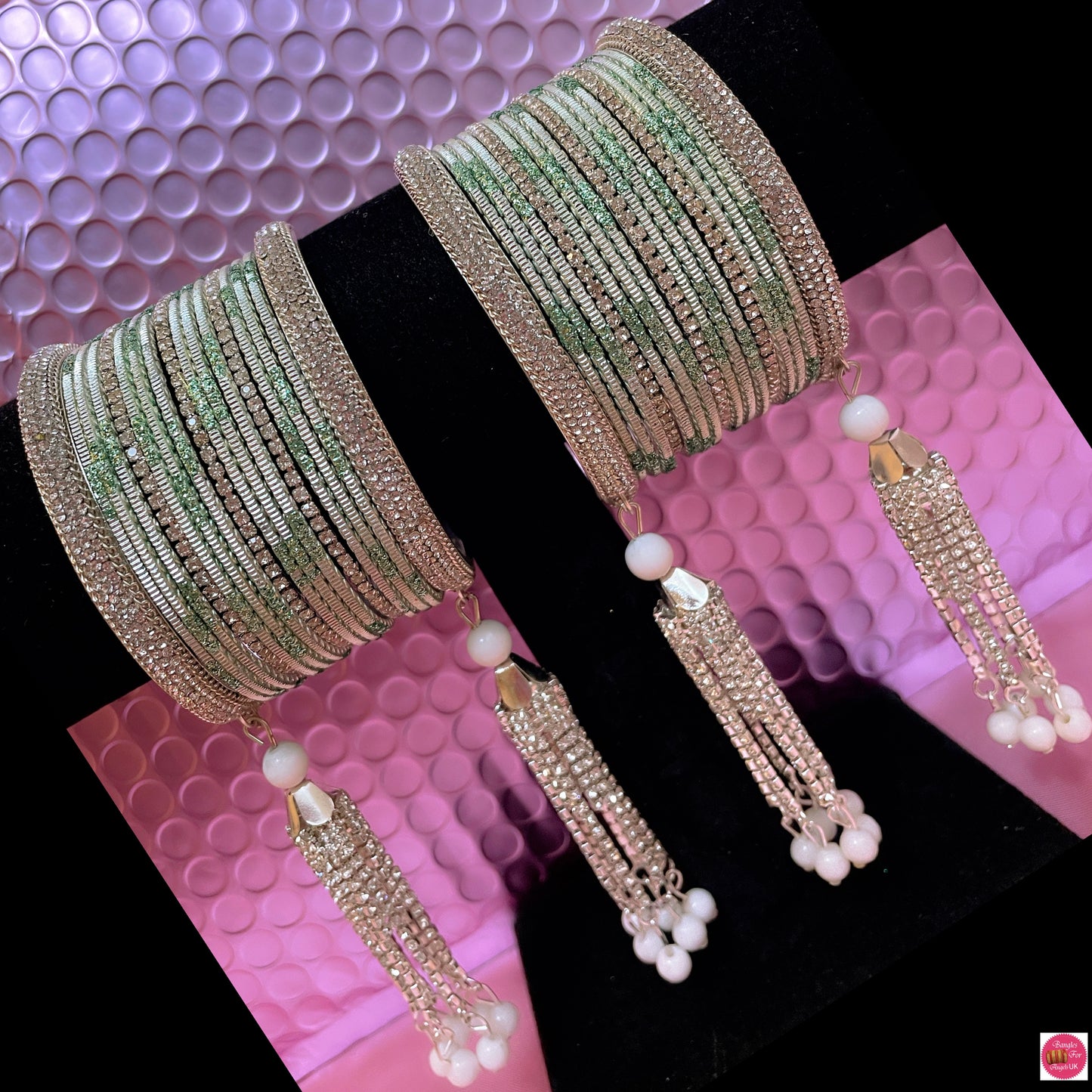 Silver Zirconia Hanging Metal Bangles Set- Mint Green/Pista