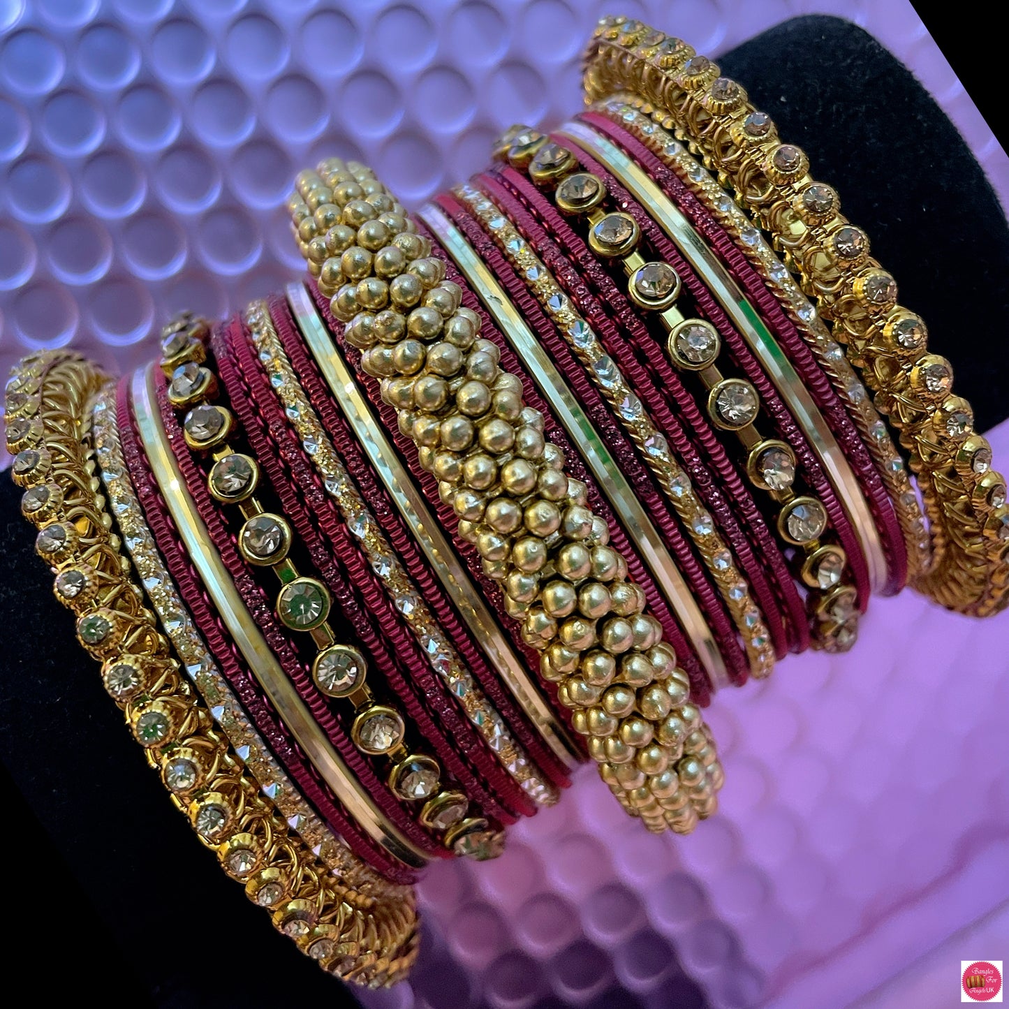 Gold Diamante Metal Bangles Set- Maroon