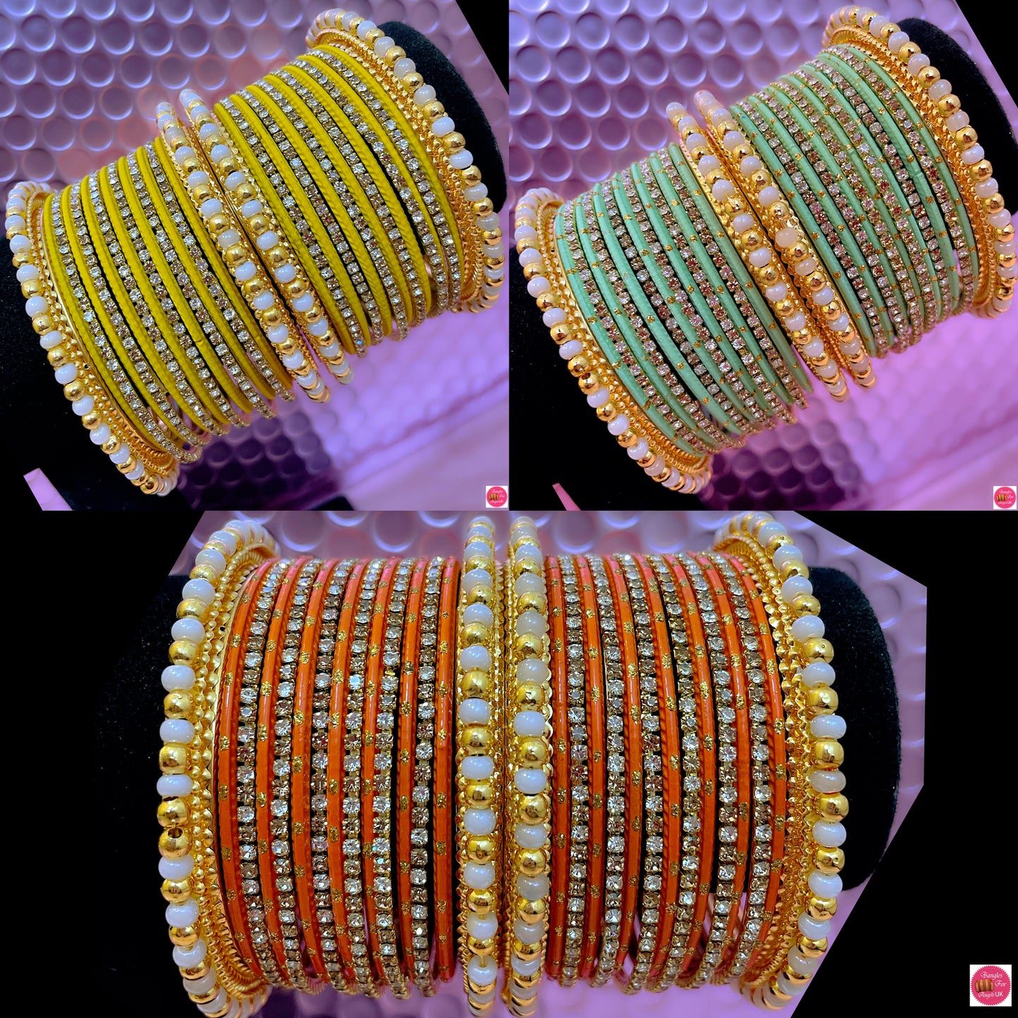 Pearl & Gold Zirconia Metal Bangles Sets- Various Colours