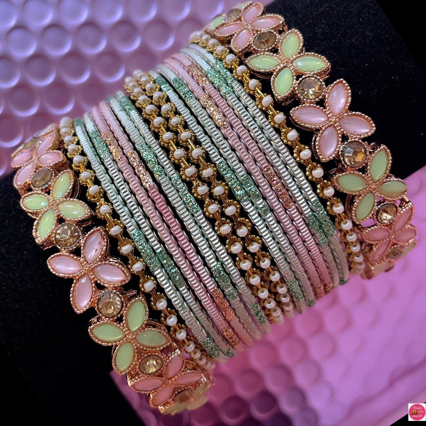 Mint Green/Peachy Pink Flower Pearl Metal Bangles Set