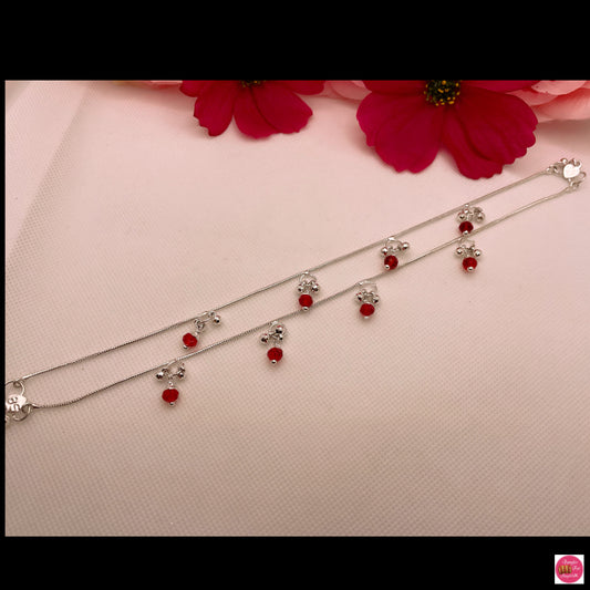 Silver Anklet/Payal- Red