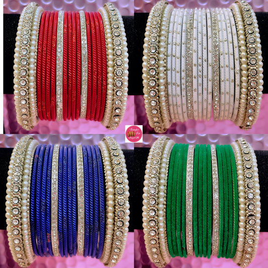 Silver Pearl Metal Bangles Sets Size 2.10- Various Colours