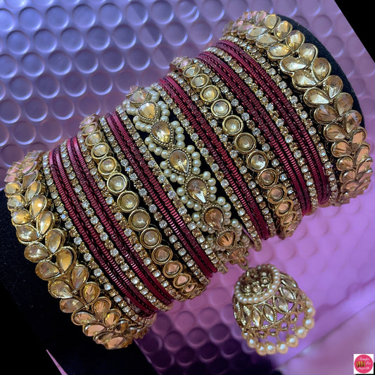 Kundan Polki Zirconia Hanging Metal Bangles Set- Maroon