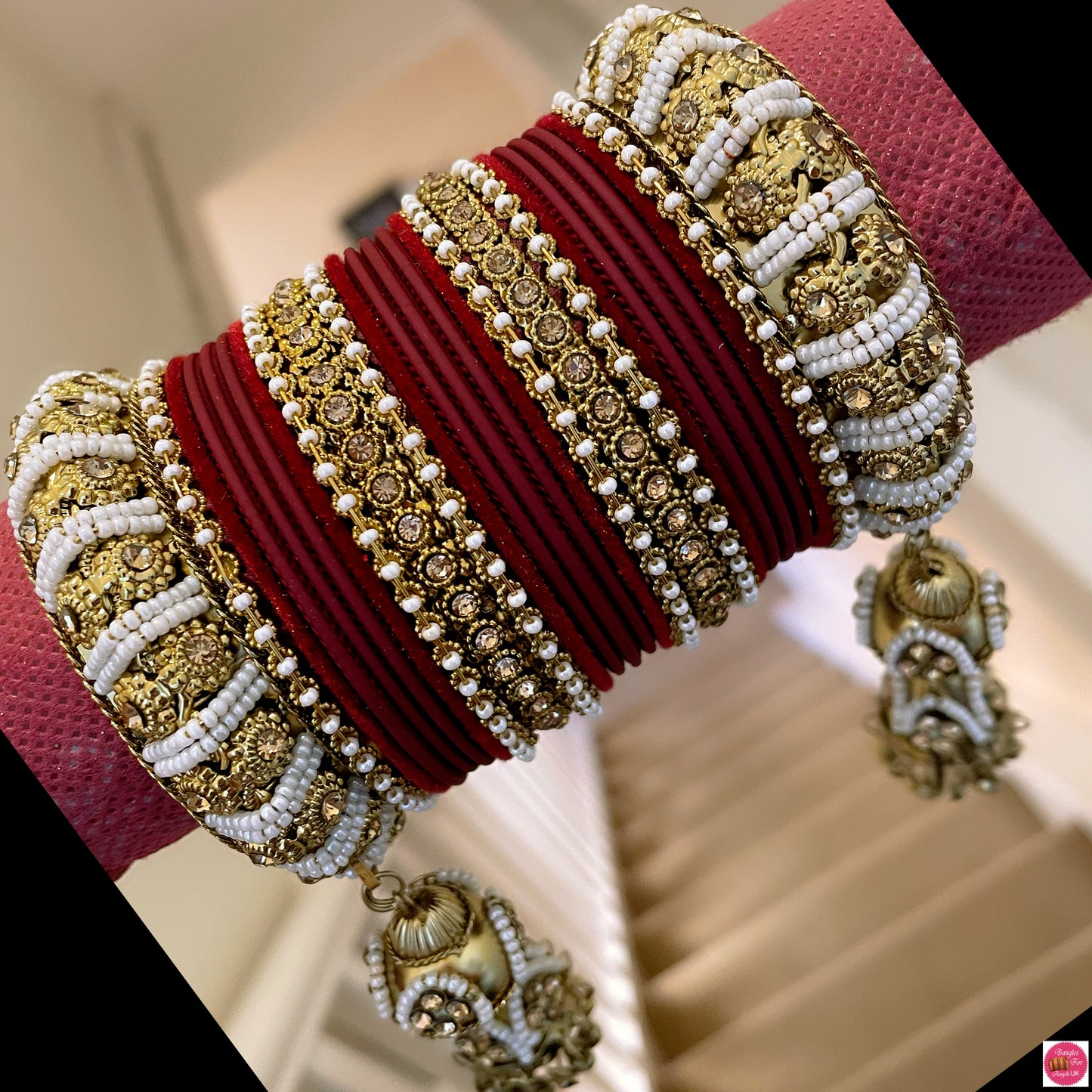 Gold Hanging Metal Bangles Set- Maroon