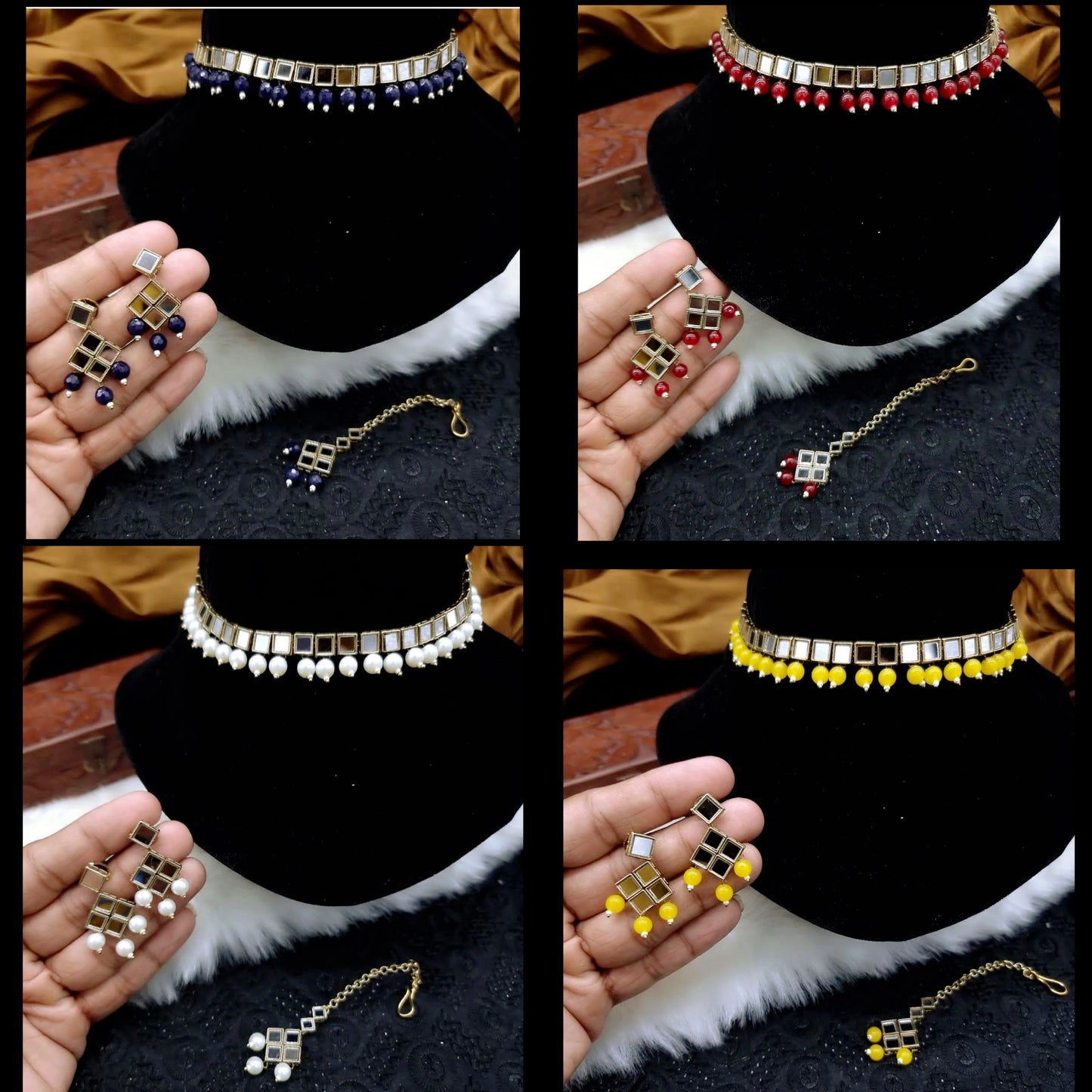 Mirror Pearl Choker, Earings & Maang Tikka Set- Various Colours