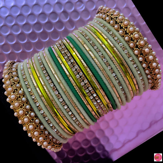 Pearl Zirconia Mehendi Metal Bangles Set- Shades Of Green