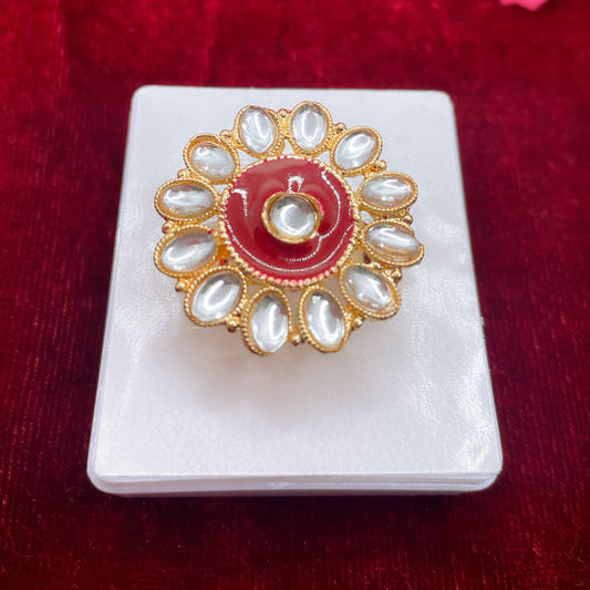 Kundan Red & Gold Adjustable Ring