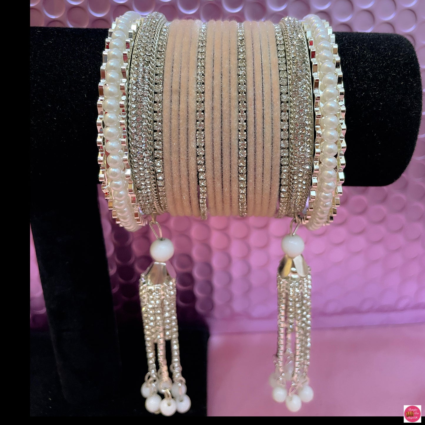 Silver White Pearl Zirconia Hanging Metal Bangles Sets- Various Colours