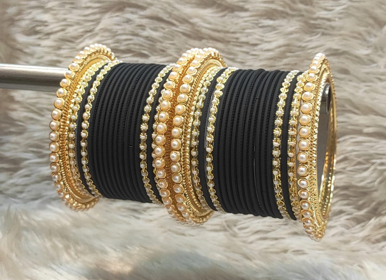 Pearl Metal Bangles Set- Various Colours