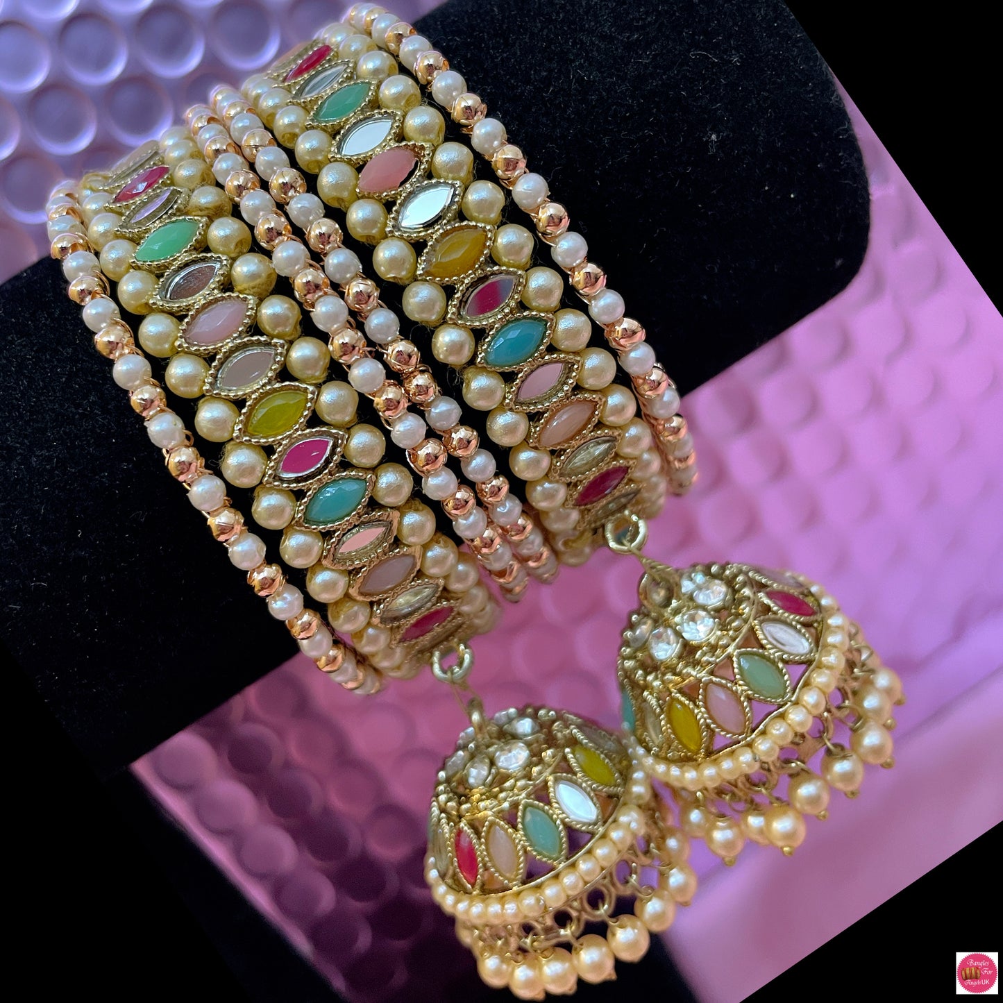 Multicoloured Kundan Pearl Hanging Metal Bangles Set