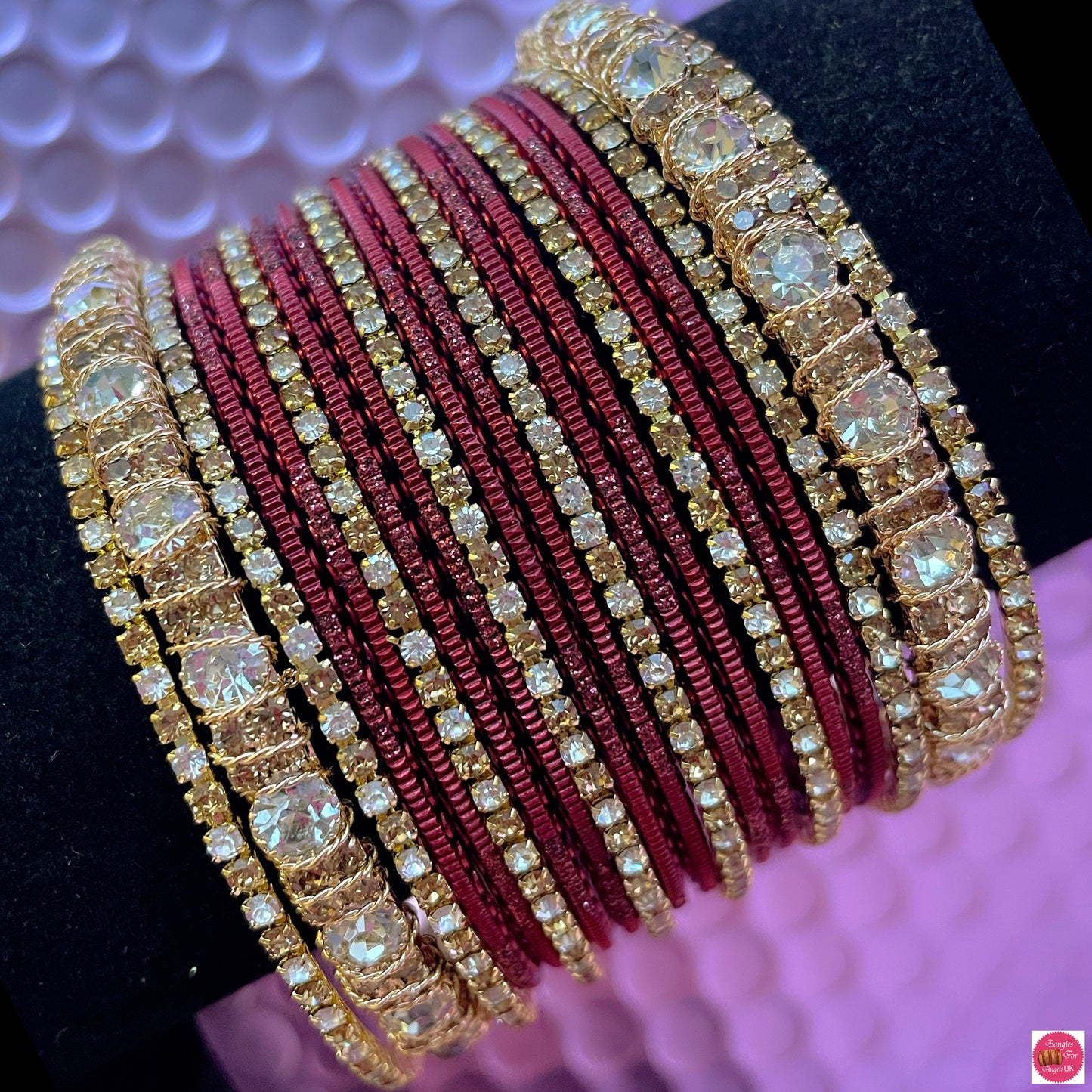 Zirconia Stone Metal Bangles Set- Maroon