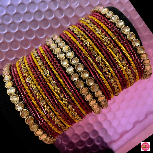 Kundan Metal Bangles Set- Maroon/Mustard Yellow