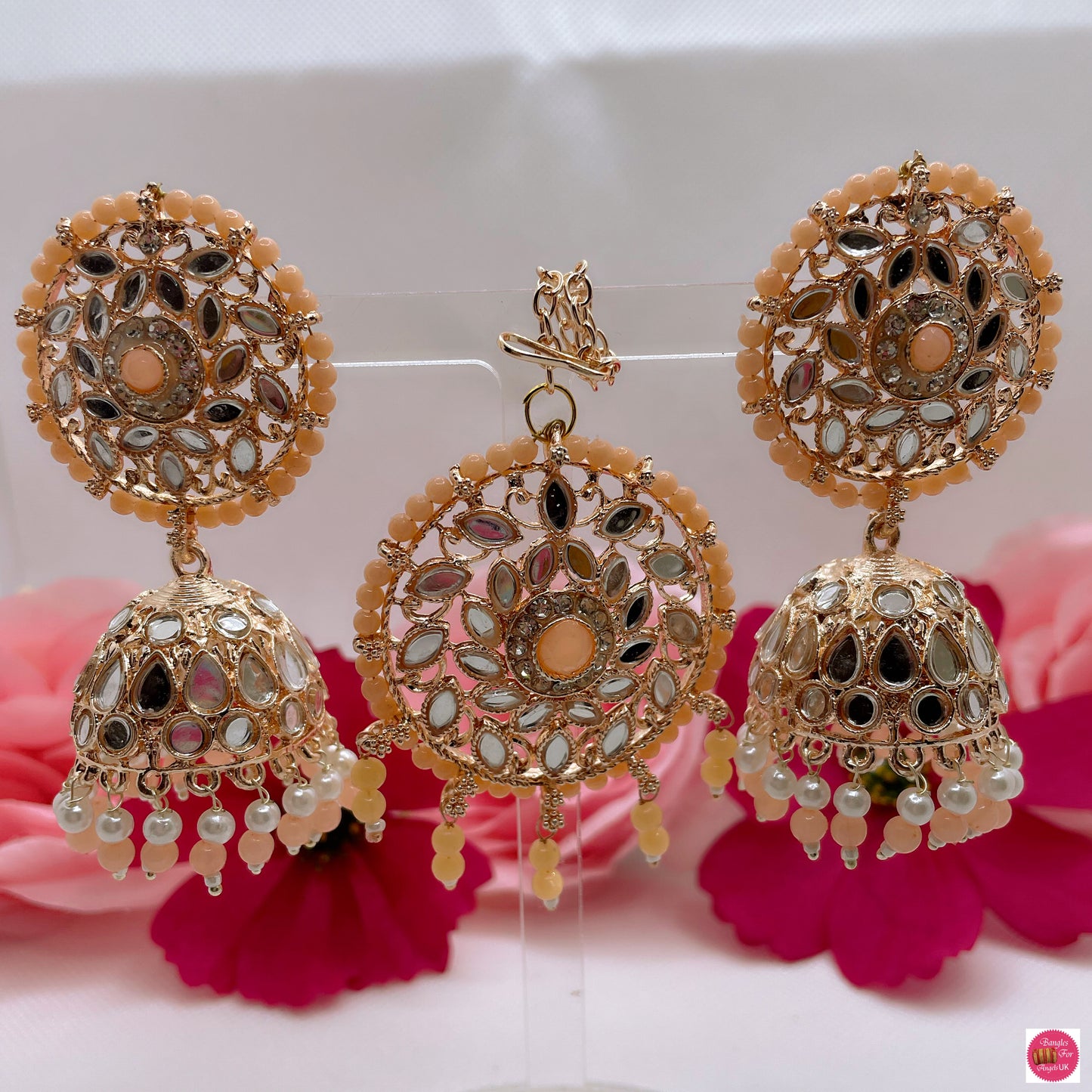 Gold & Peach Maang Tikka & Earings Set