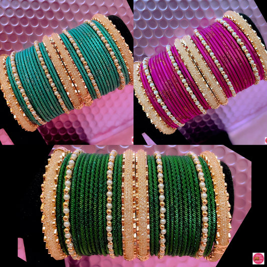 Gold Zirconia Pearl Metal Bangles Set- Various Colours