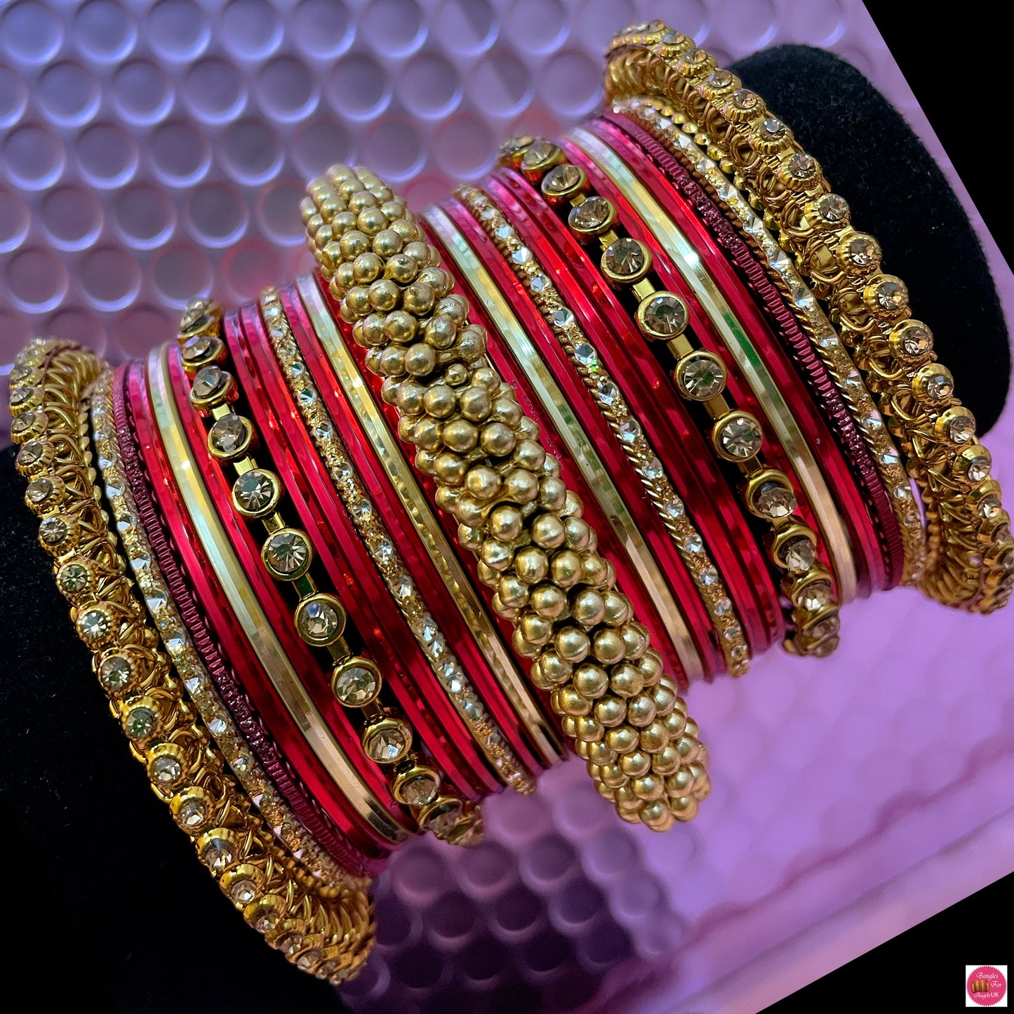 Gold Diamante Metal Bangles Set- Red