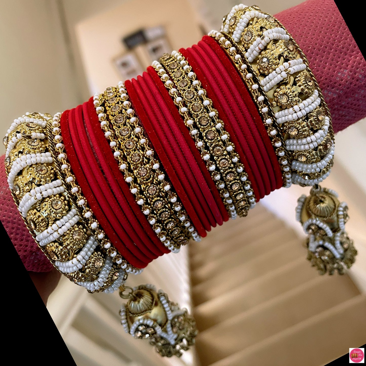 Gold Hanging Metal Bangles Set- Red