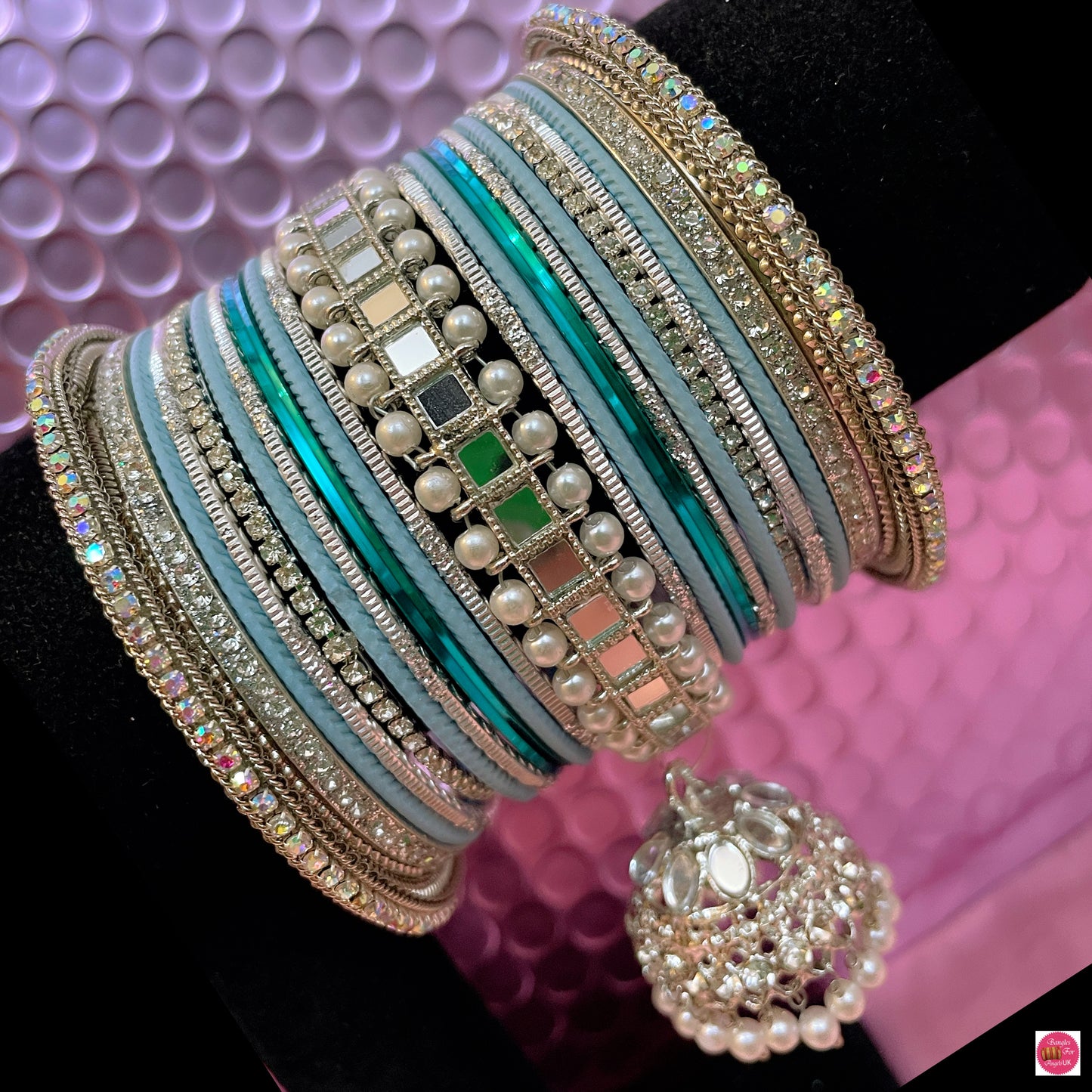 Silver Kundan Zirconia Hanging Metal Bangles Set- Baby Blue