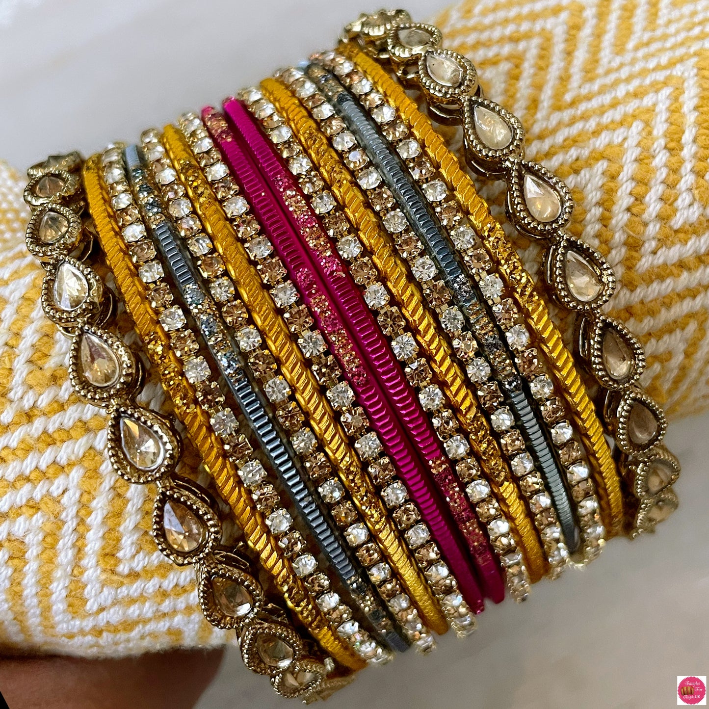 Kundan Zirconia Metal Bangles Set- Yellow/Hot Pink