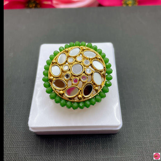 Kundan Adjustable Cocktail Ring- Green
