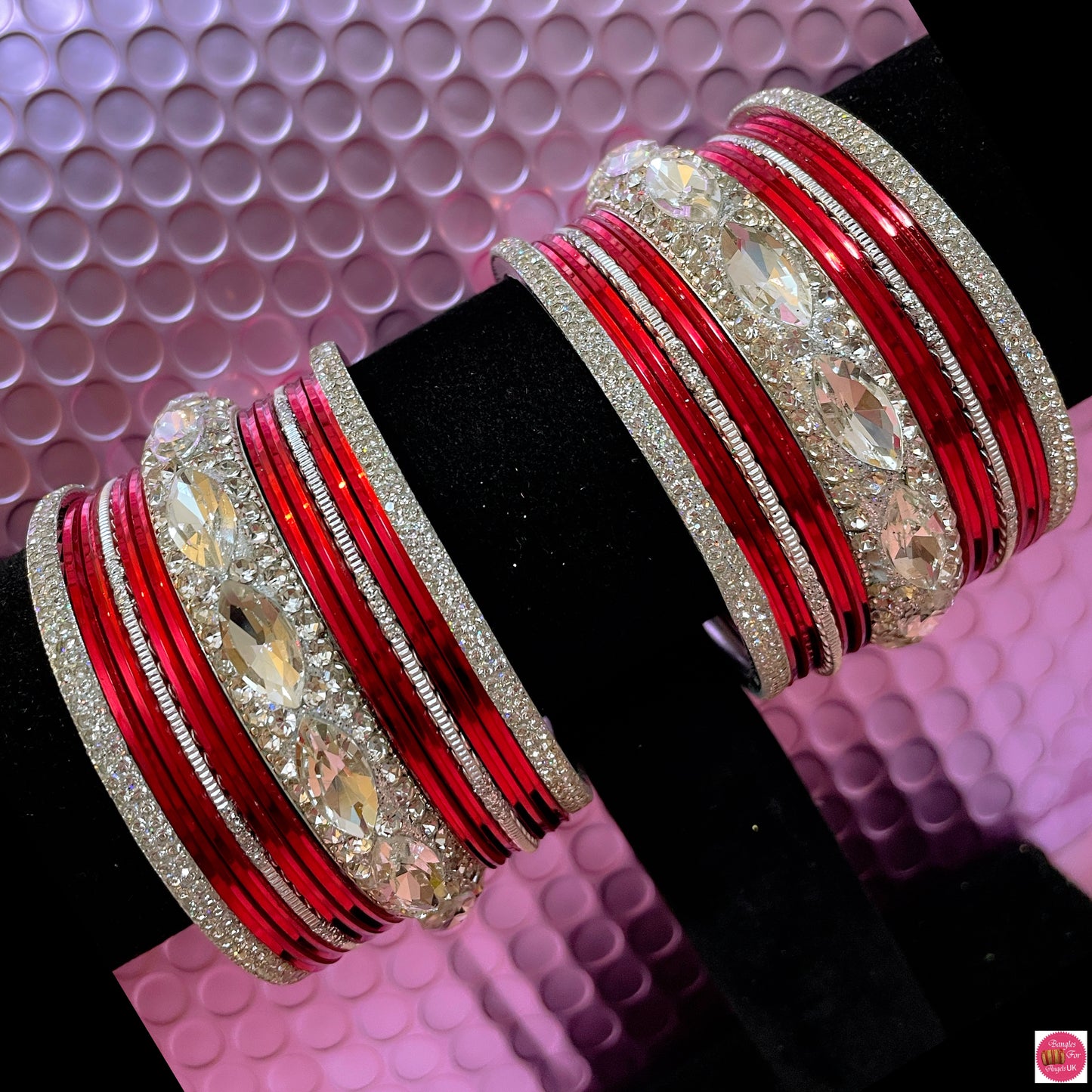 Silver Zirconia Metal Bangles Set- Red